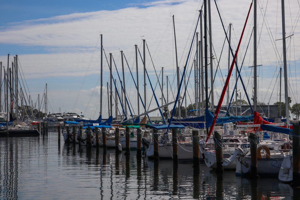 Saint Petersburg Florida Harbor St Pete marina scene with sailboats along the waterline beneath clear blue skies, coastal landscape photography.